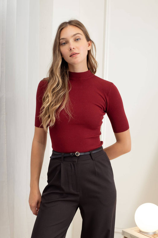 Short Sleeve Mock Neck Sweater Top