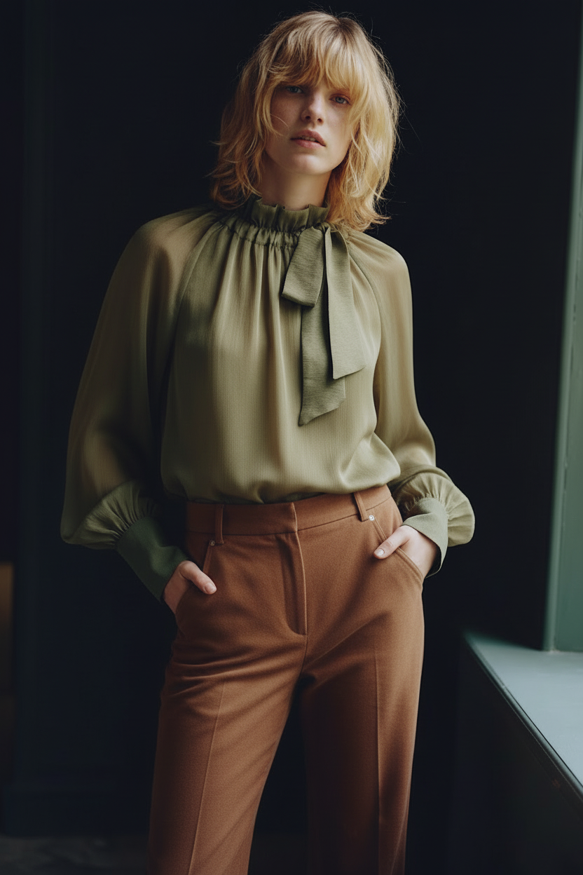 Ruffle Neck Tie Blouse