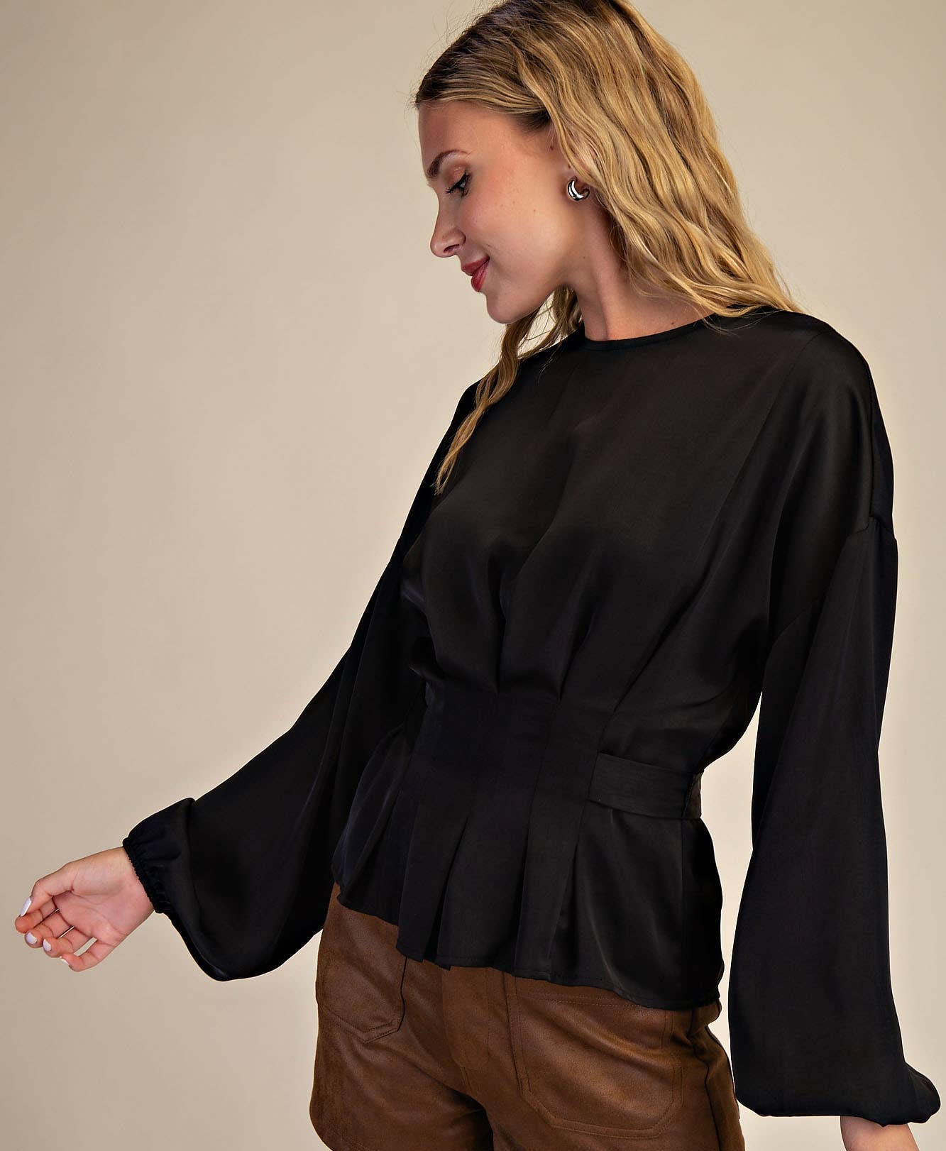 Puff Sleeve Back Tie Blouse