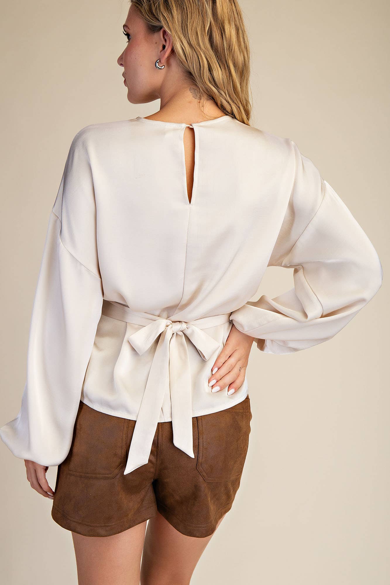Puff Sleeve Back Tie Blouse
