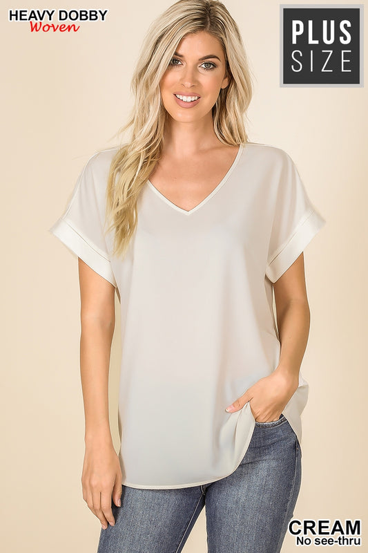 Rolled Sleeve V-Neck Top