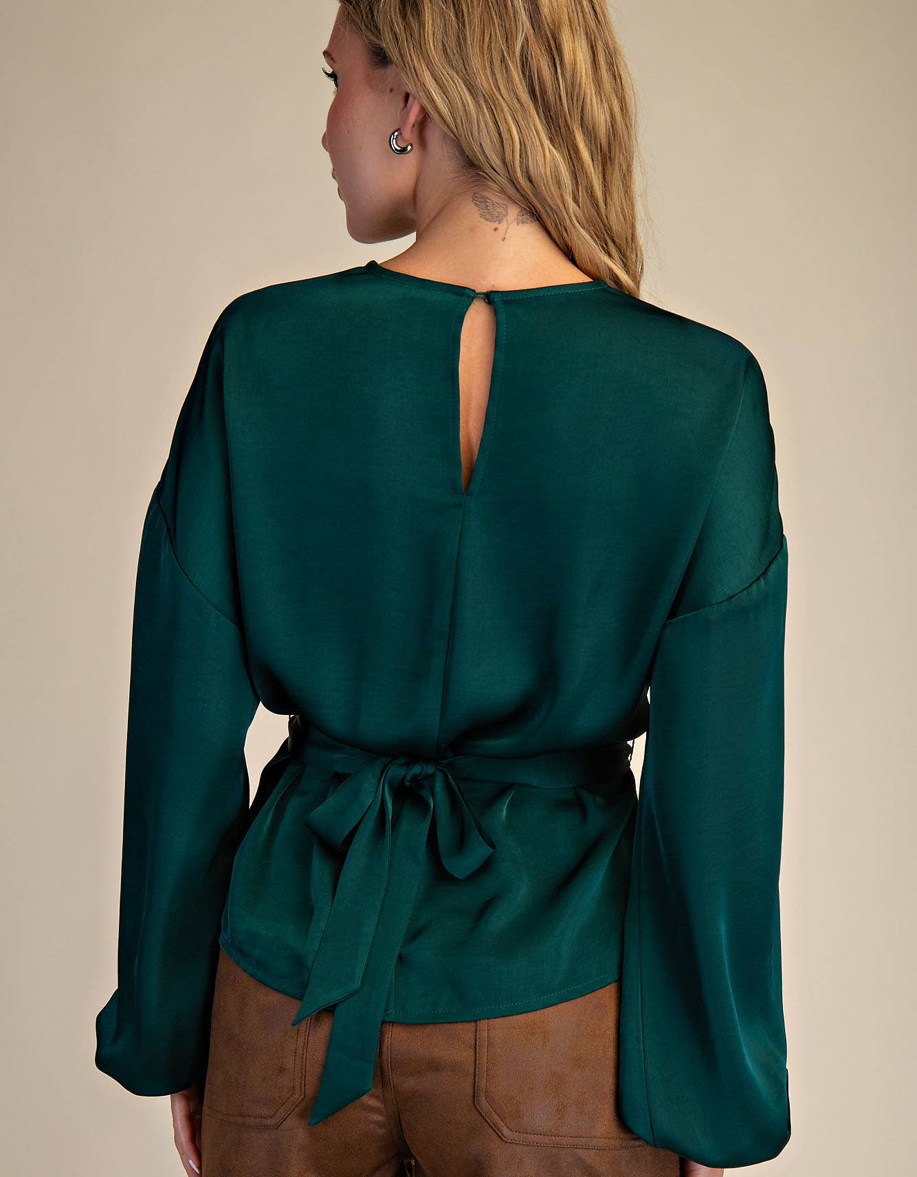 Puff Sleeve Back Tie Blouse