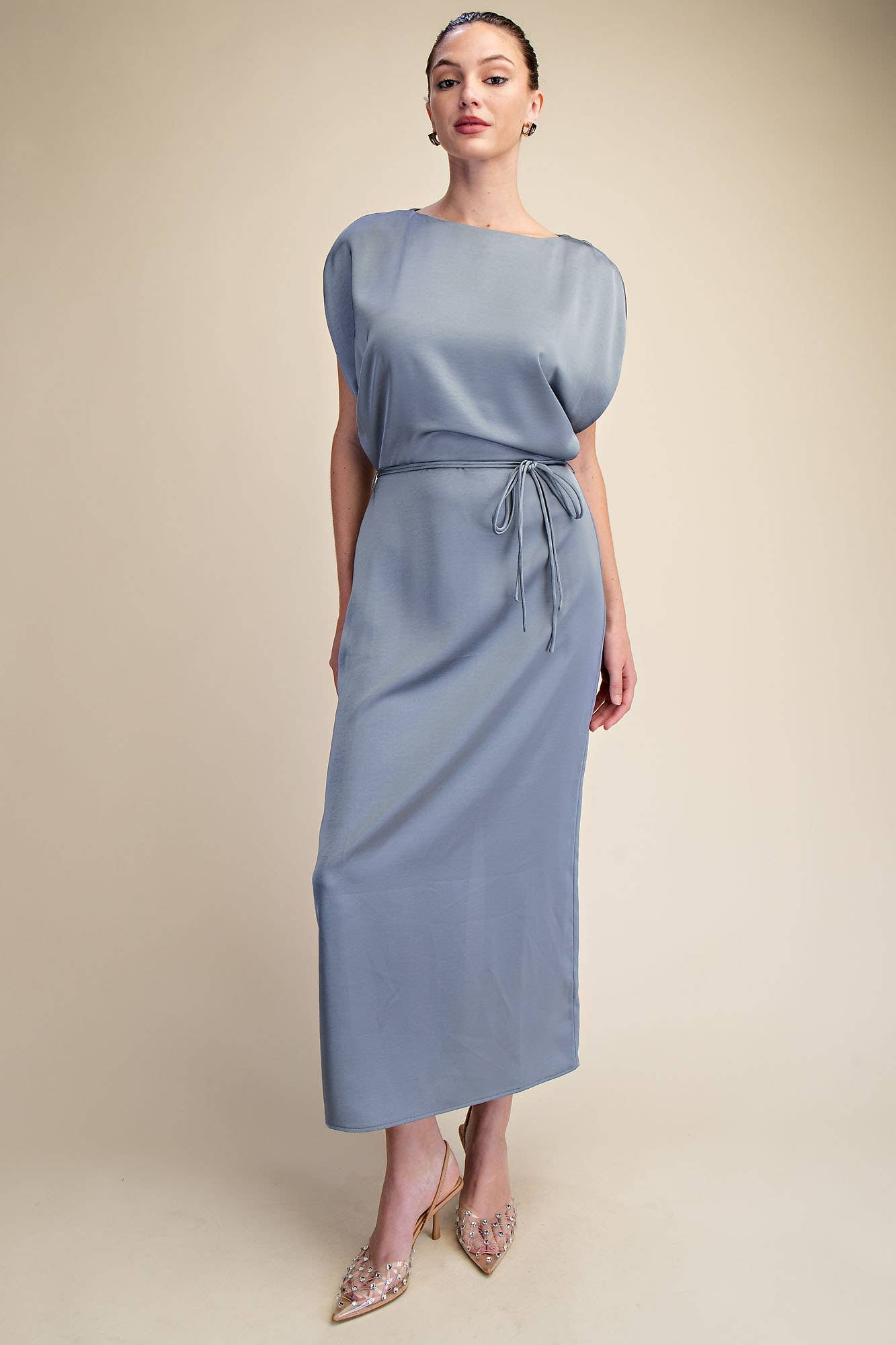 Waist Tie Back Slit Midi Dress