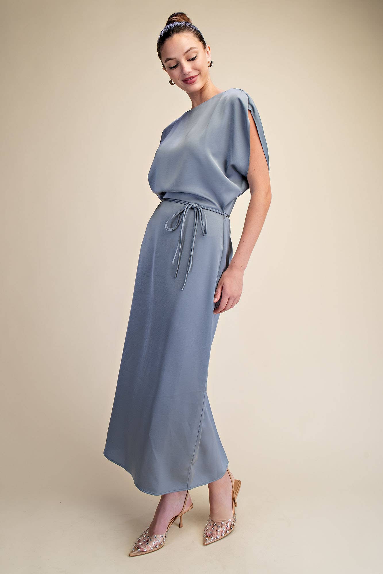 Waist Tie Back Slit Midi Dress