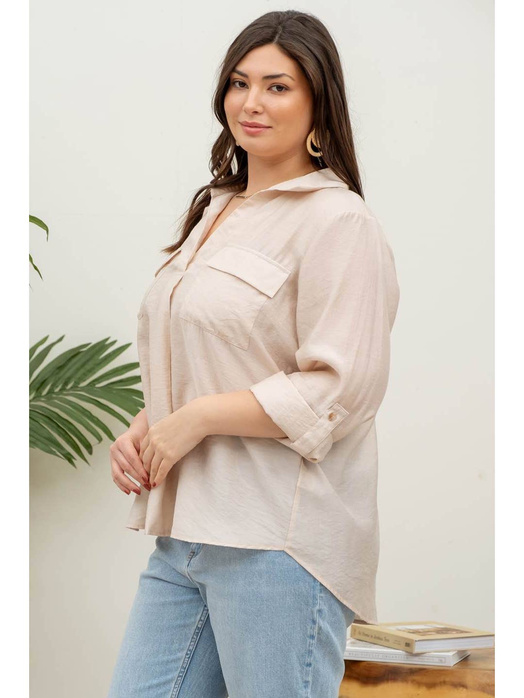 Plus Collared V Neck Blouse