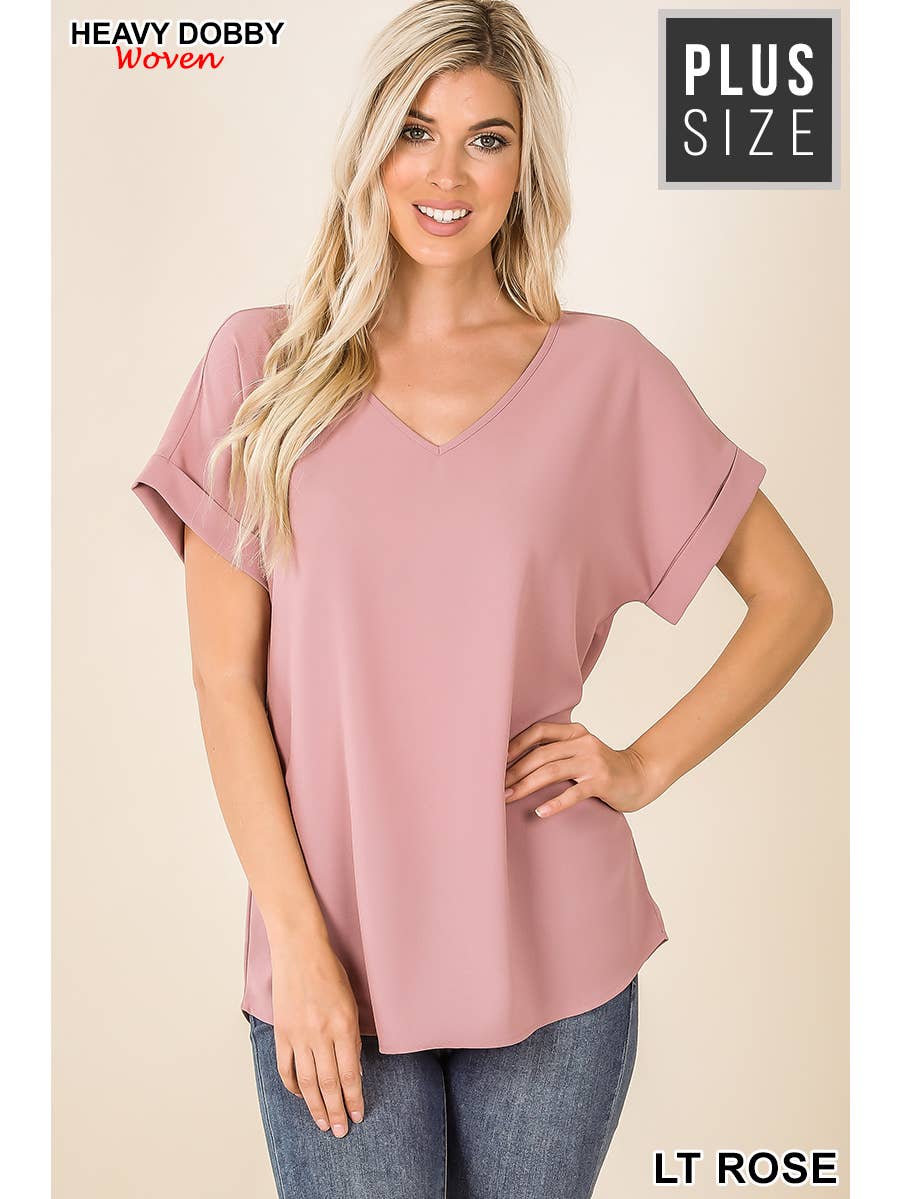 Rolled Sleeve V-Neck Top