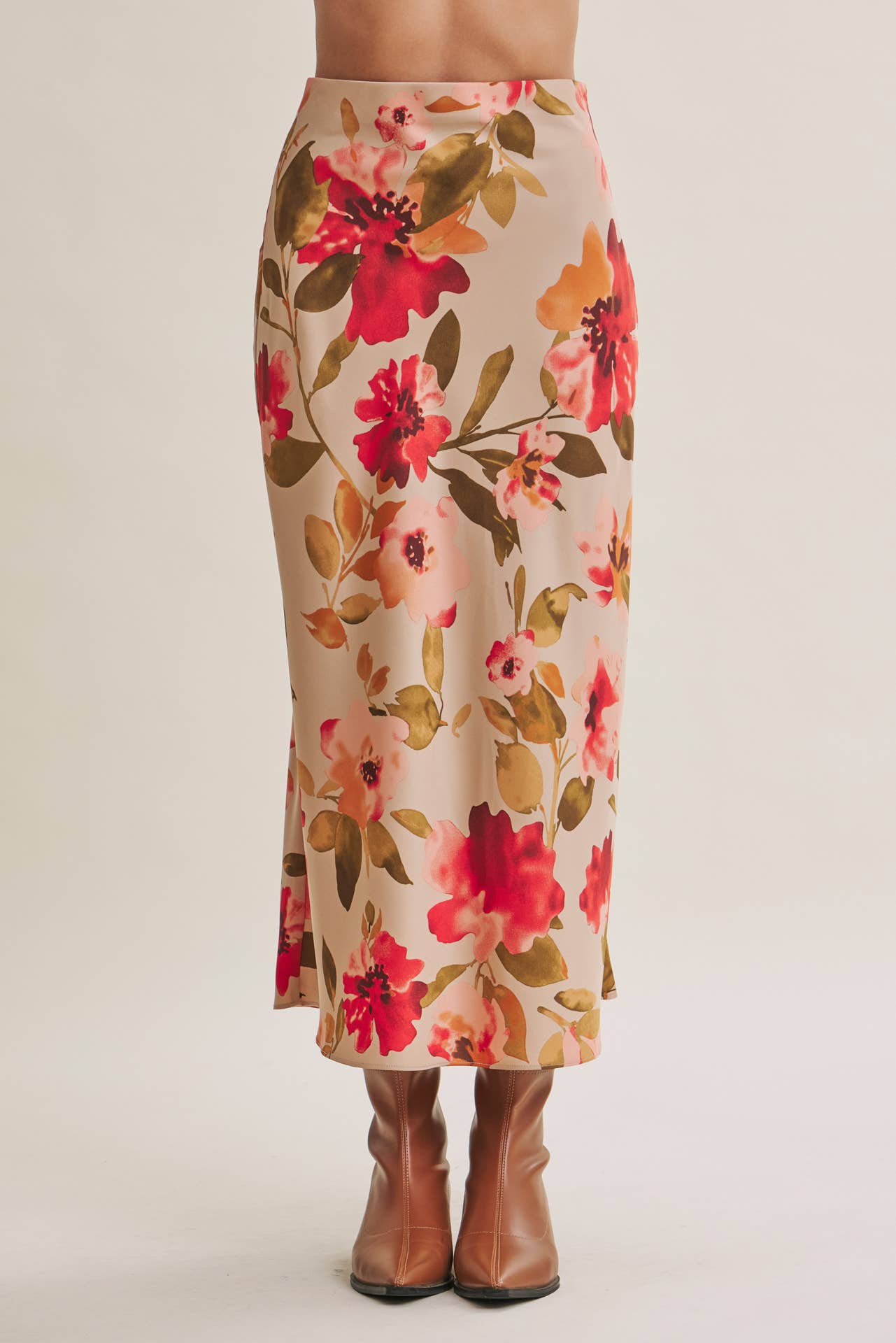Floral Satin Midi Skirt