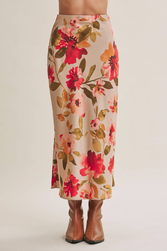 Floral Satin Midi Skirt