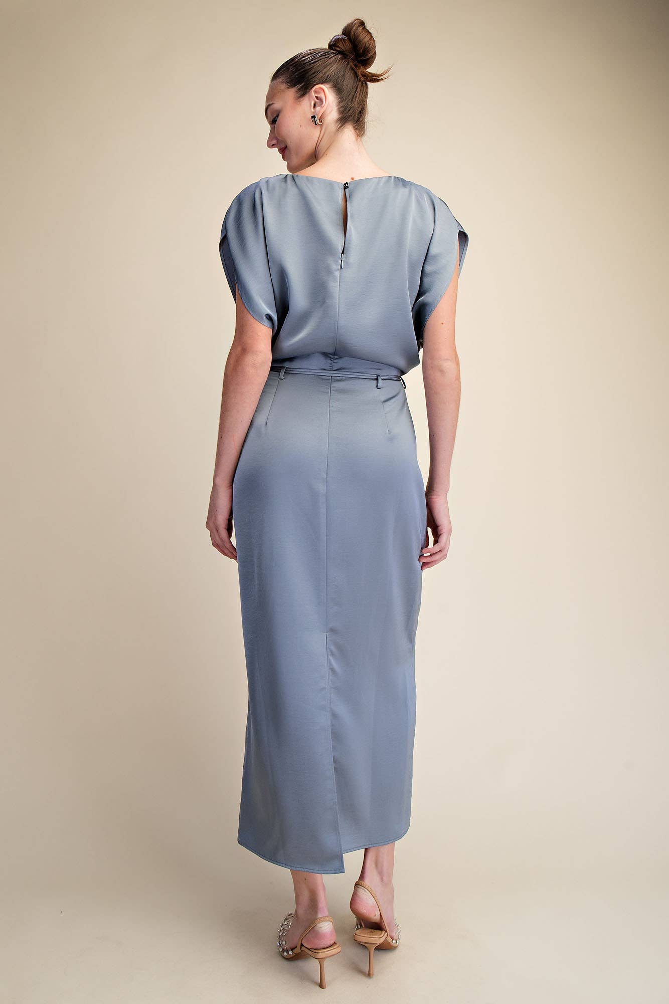 Waist Tie Back Slit Midi Dress