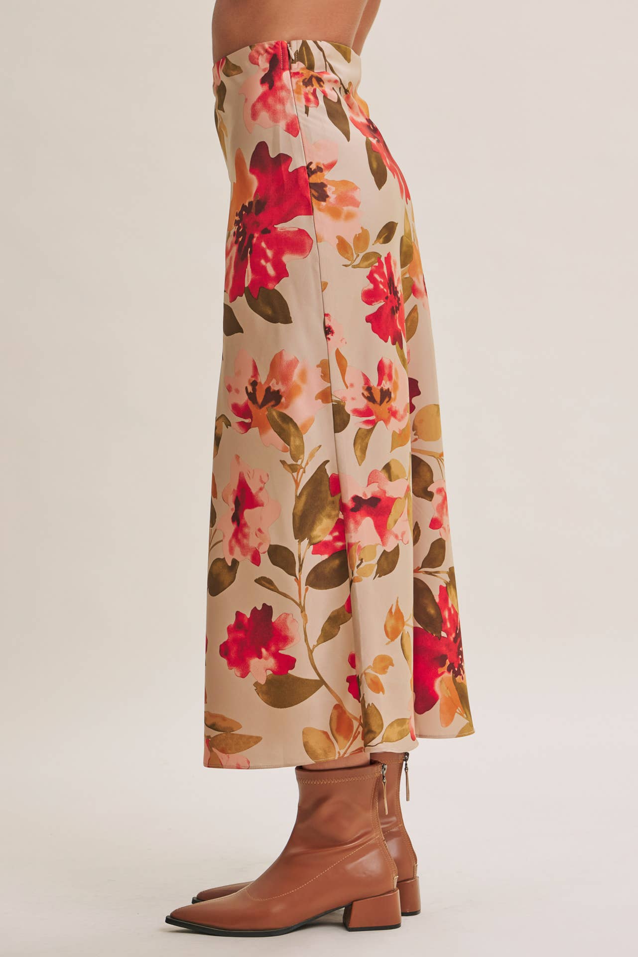 Floral Satin Midi Skirt