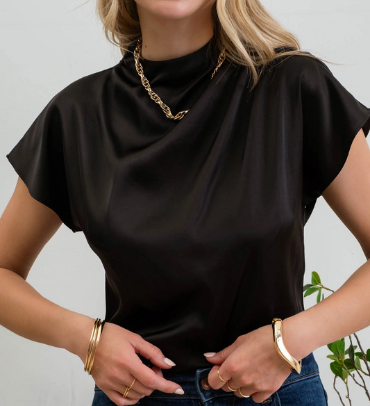 Satin Ruched Moche neck Short Sleeve Blouse