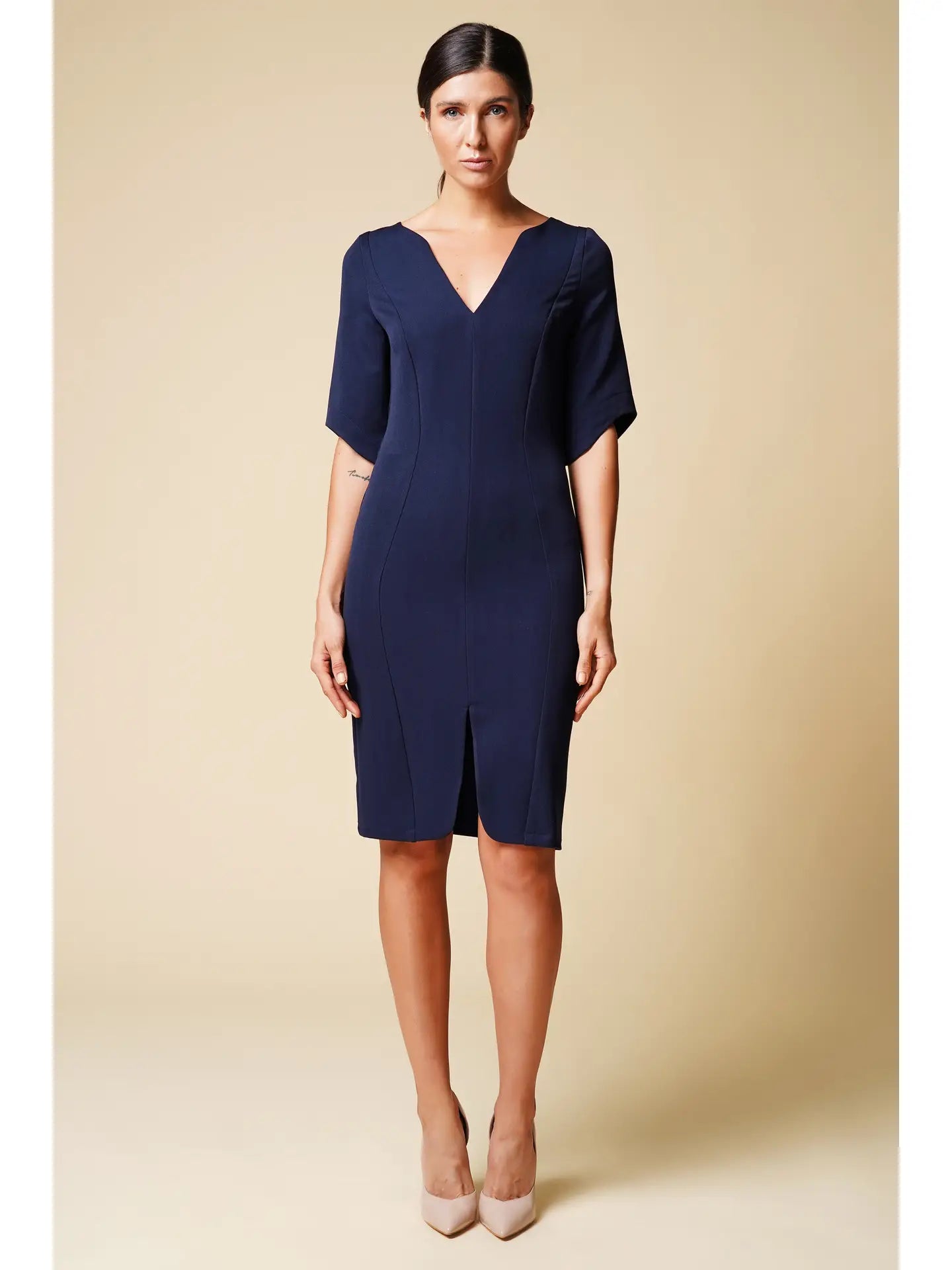 Belted Navy Midi Dress