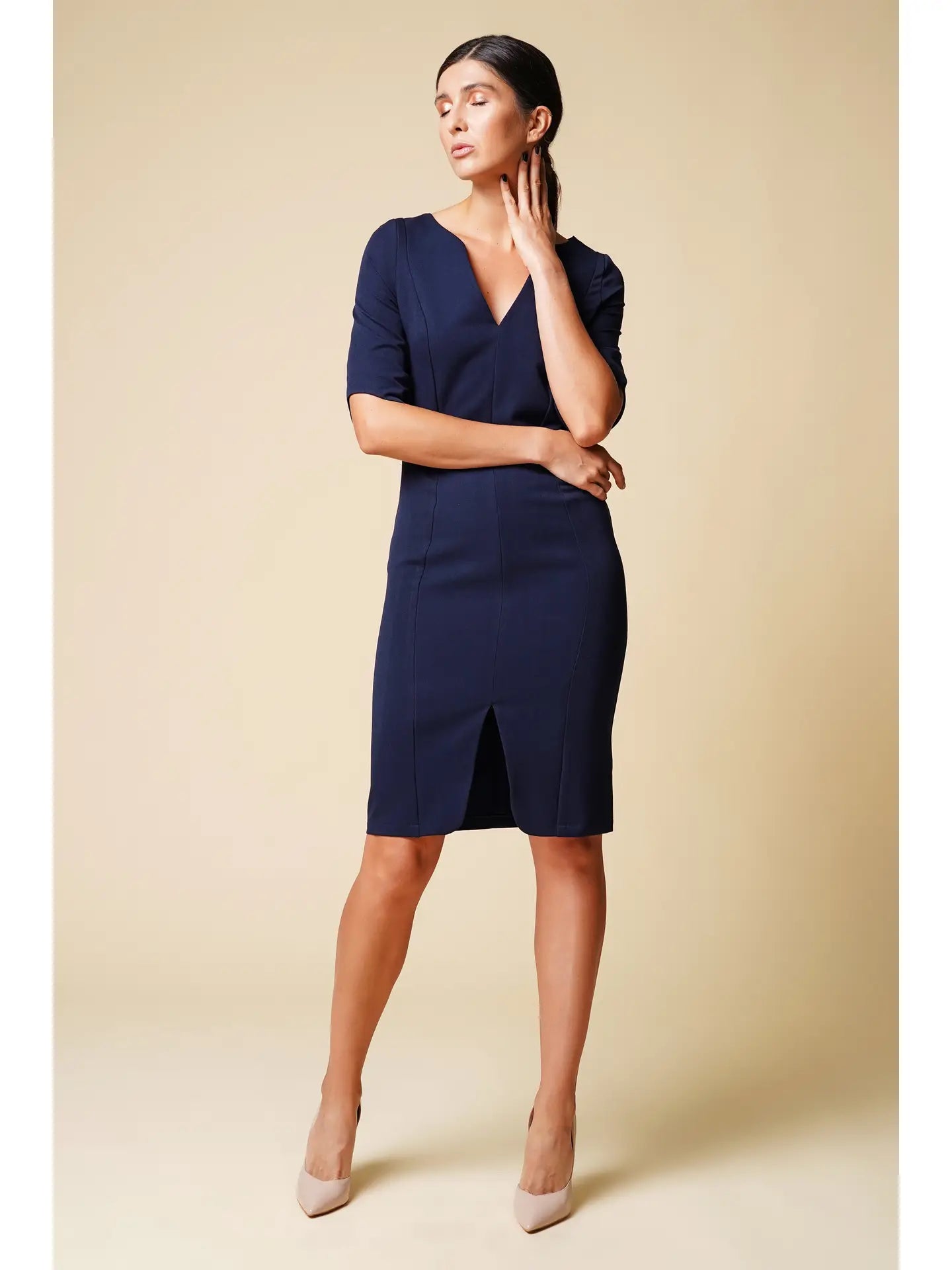 Belted Navy Midi Dress