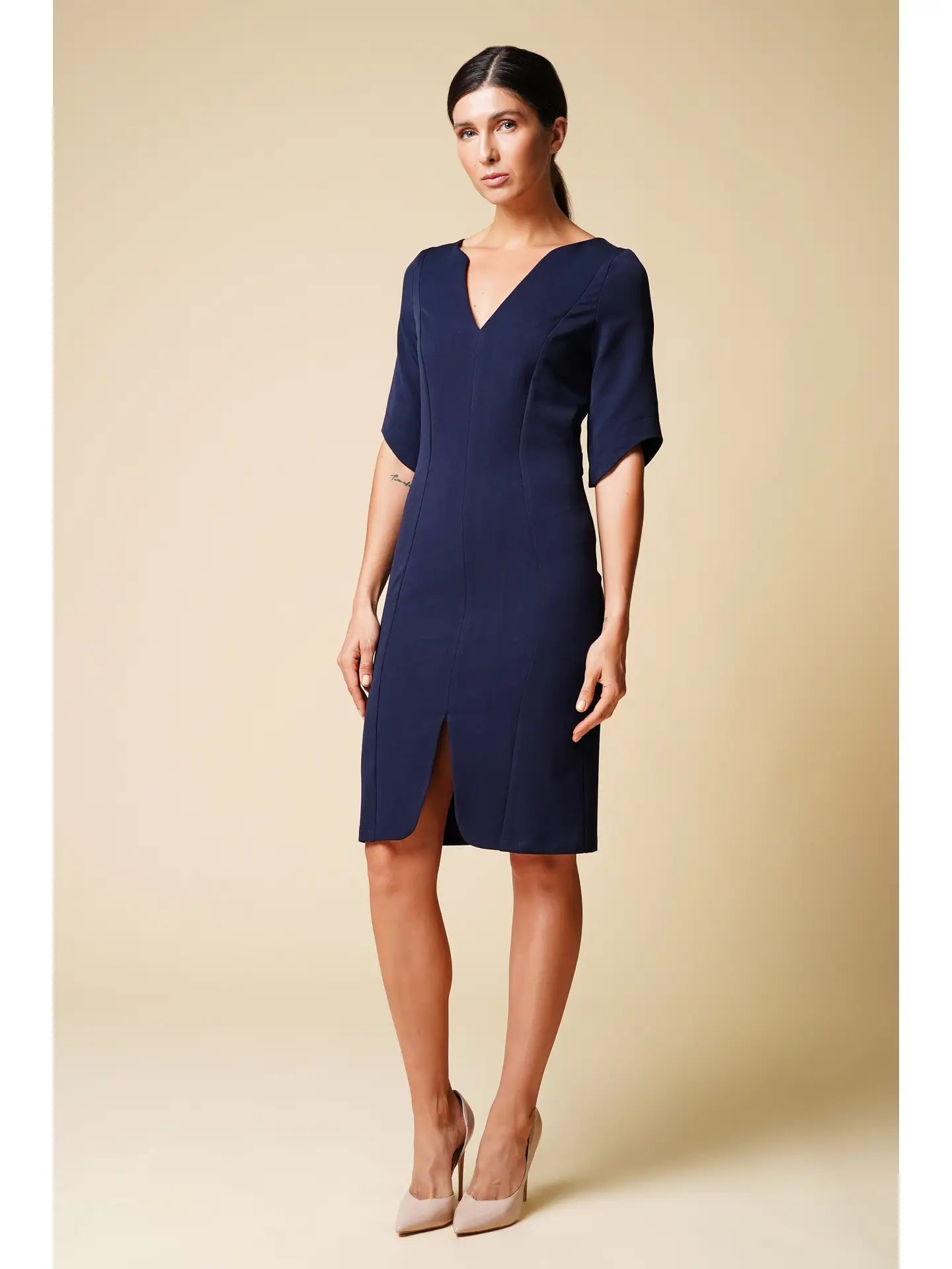 Belted Navy Midi Dress