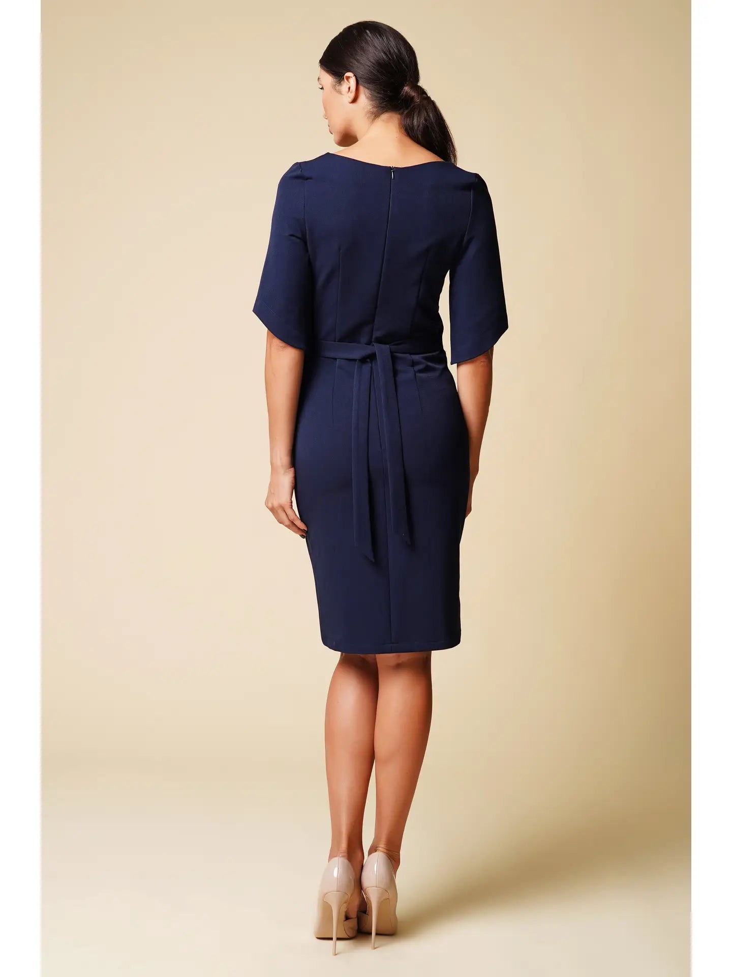 Belted Navy Midi Dress