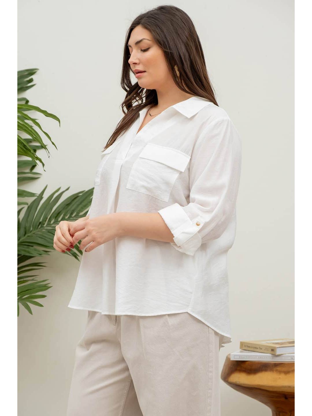 Plus Collared V Neck Blouse