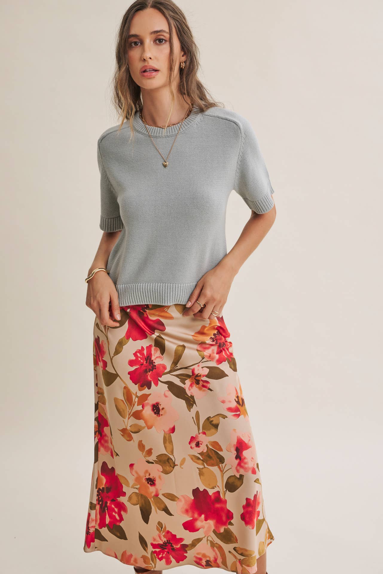 Floral Satin Midi Skirt