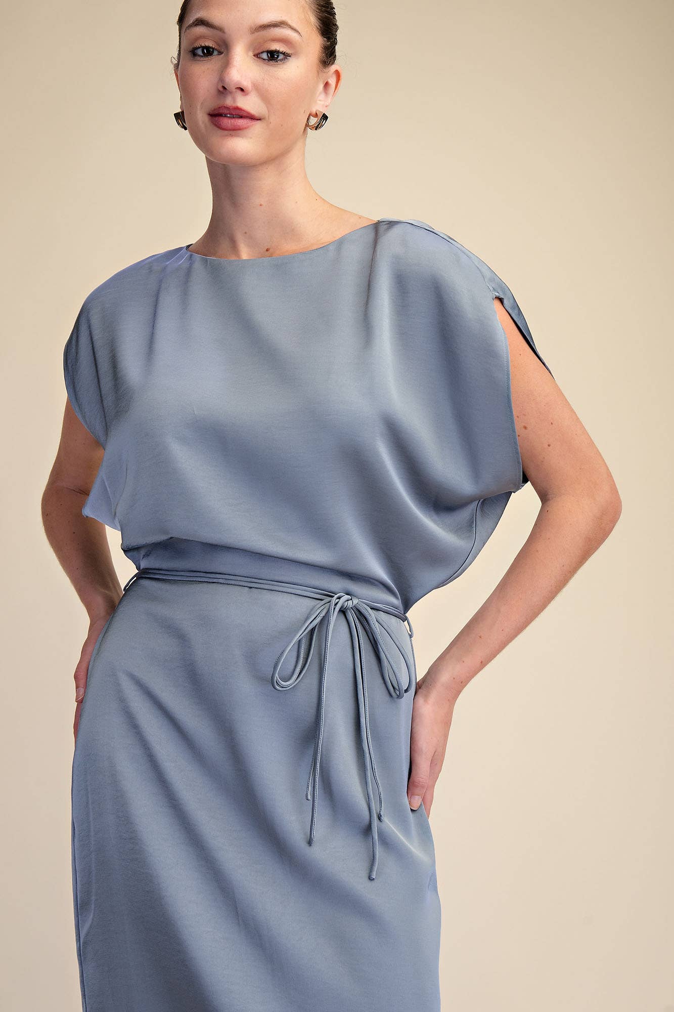 Waist Tie Back Slit Midi Dress