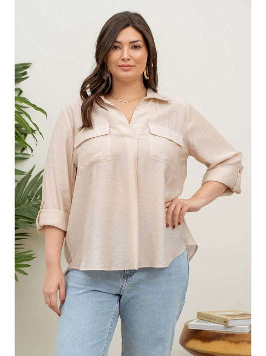 Plus Collared V Neck Blouse