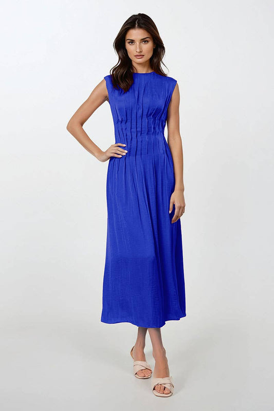 Silky Pleated Waistline Midi Dress