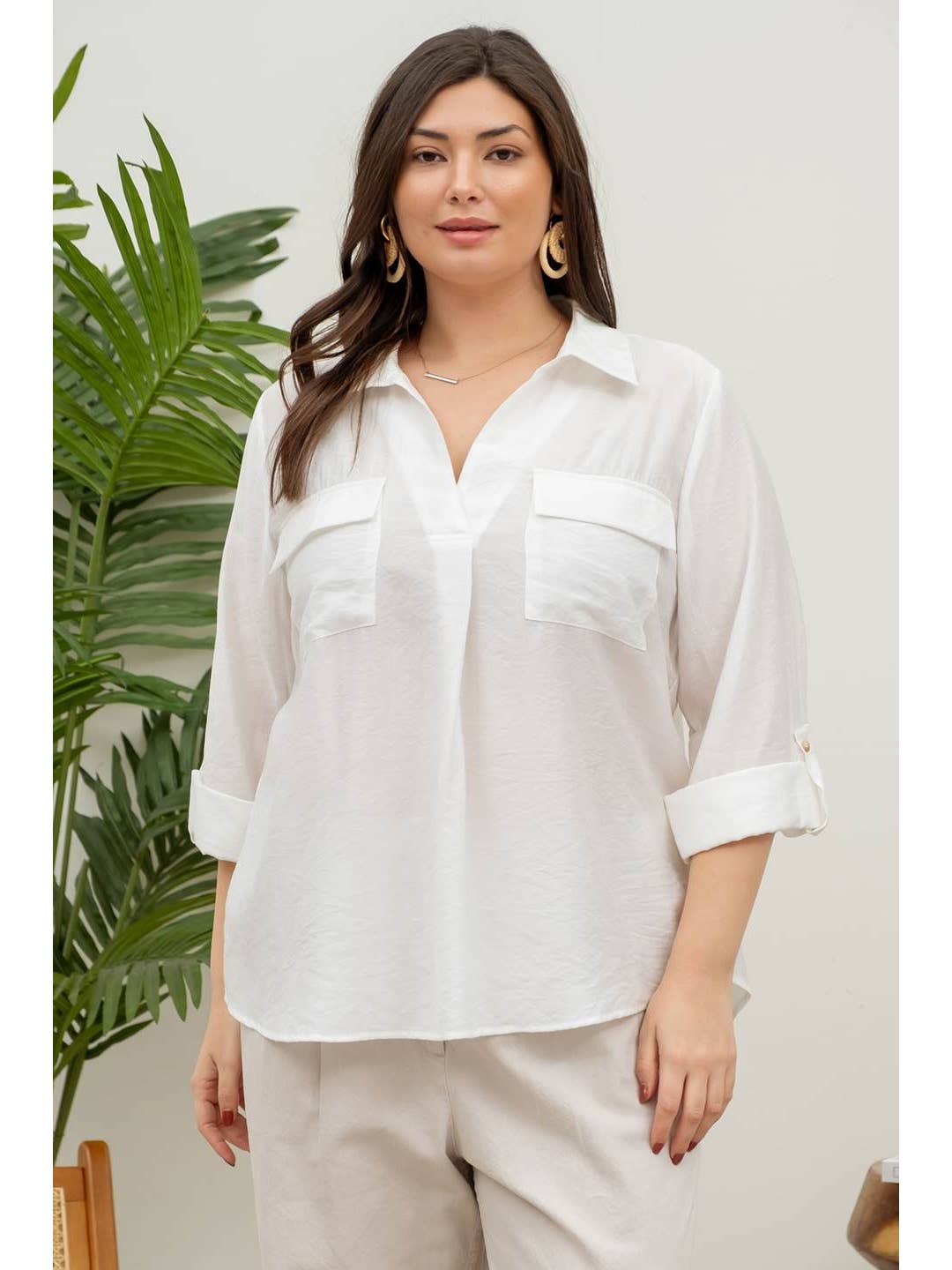 Plus Collared V Neck Blouse