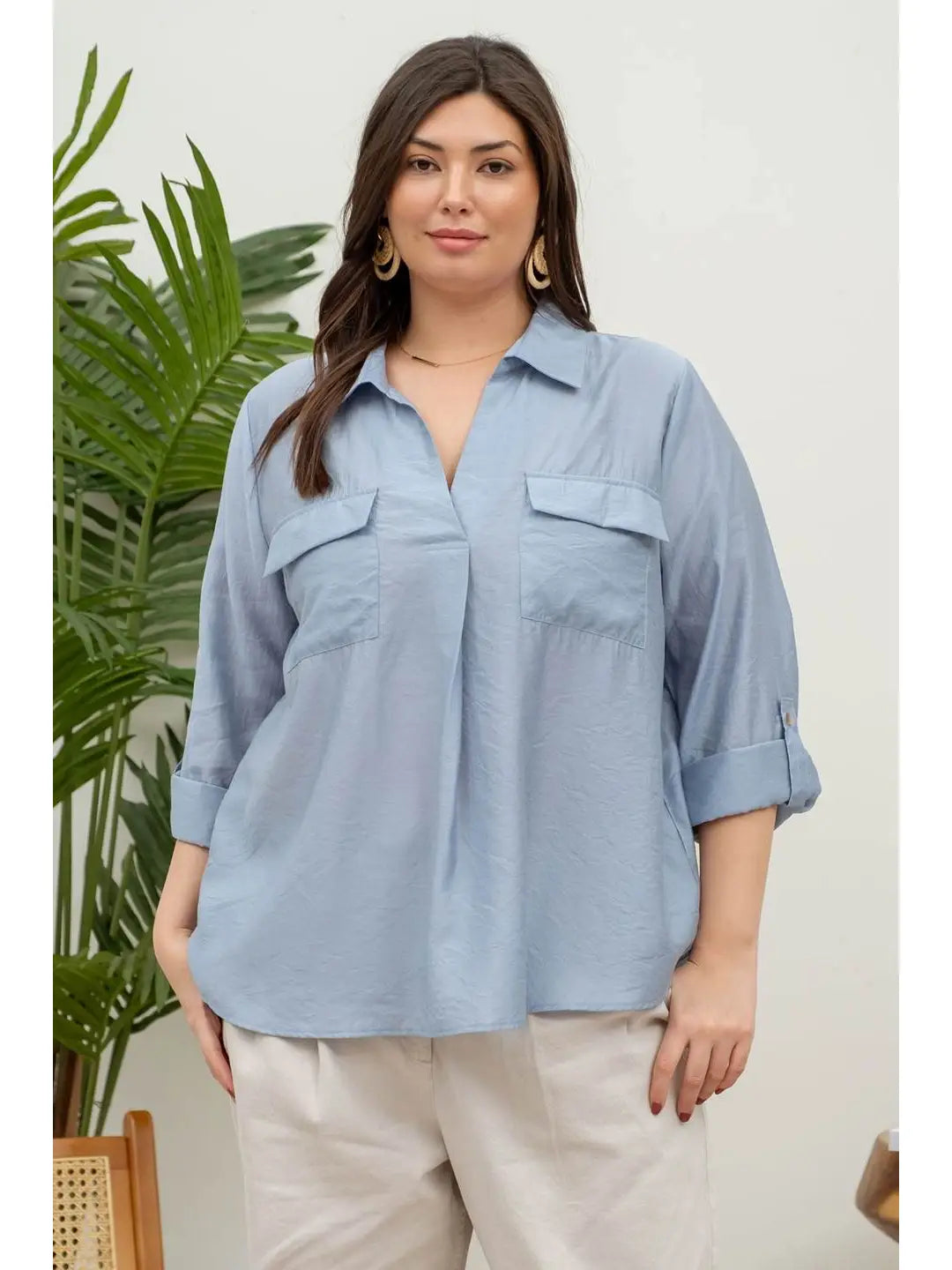 Plus Collared V Neck Blouse