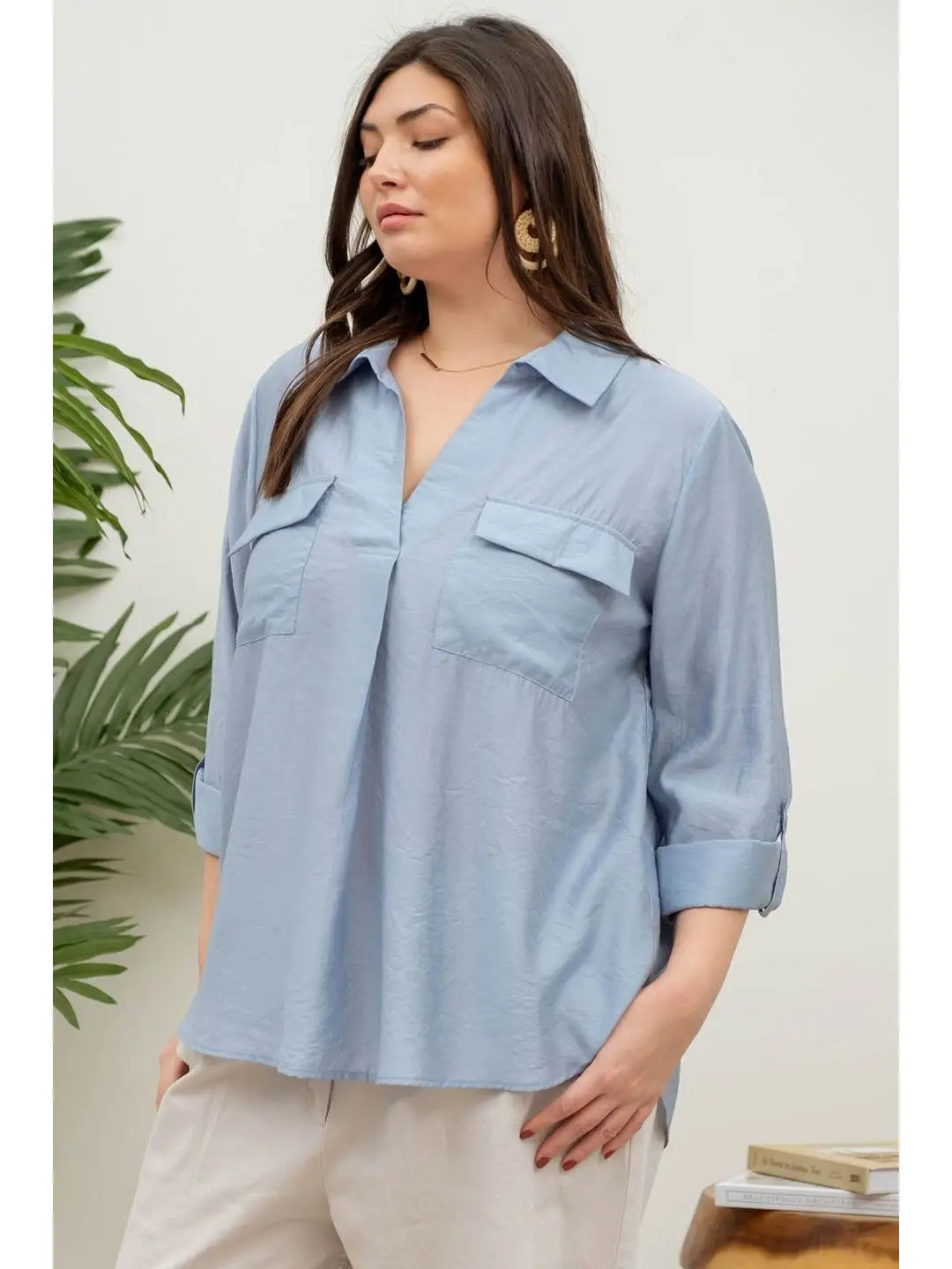 Plus Collared V Neck Blouse